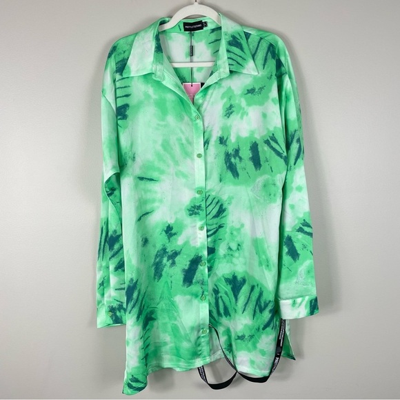 PrettyLittleThing Green Tie Dye Oversized Boyfriend Shirt Dress Womens 4 Boho - Picture 1 of 9